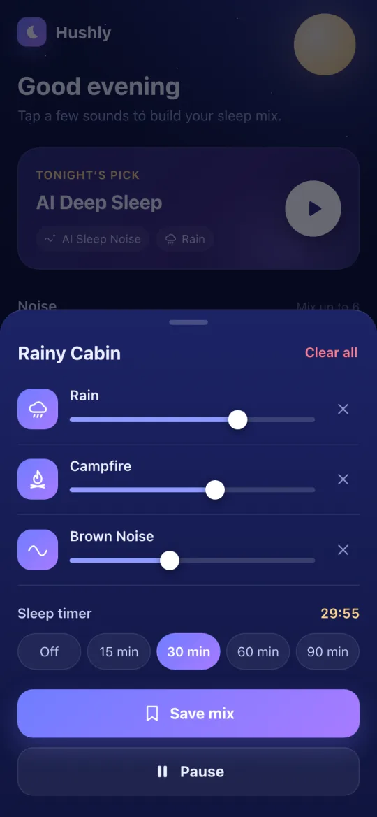 Mixer with rain, campfire and brown noise volume sliders